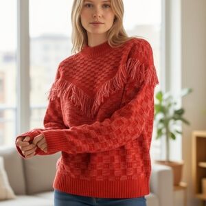 Vintage 70s 80s Red & White Fringed Knit Sweater Mock Neck Womens Large